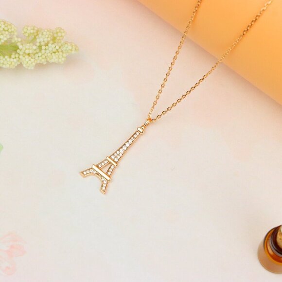 "Rose Gold Eiffel Tower Pendant Necklace with Sparkling Crystals, XPNL1883 - Picture 12 of 12